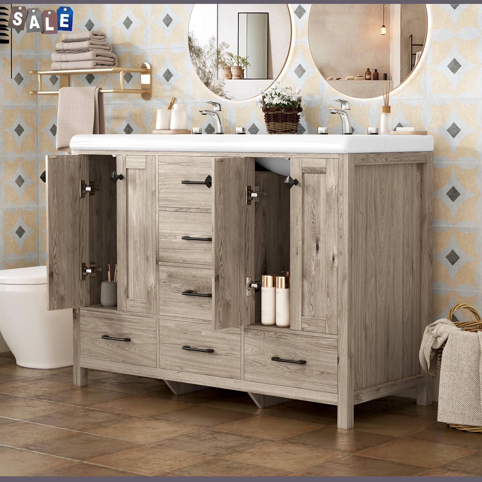 47 Inch Bathroom Vanity Double Ceramic Sinks Combo Storage Doors With Drawers
