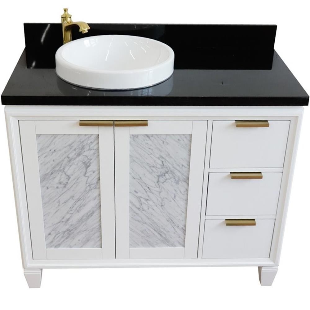 Trento Solid Wood Vanity with Left Round Sink in White/Black Galaxy