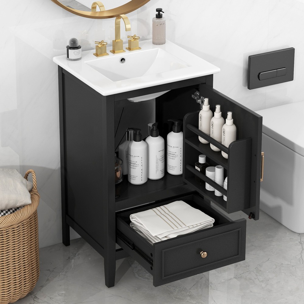 20″ Black Bathroom Vanity with Ceramic Sink Solid Wood MDF Cabinet