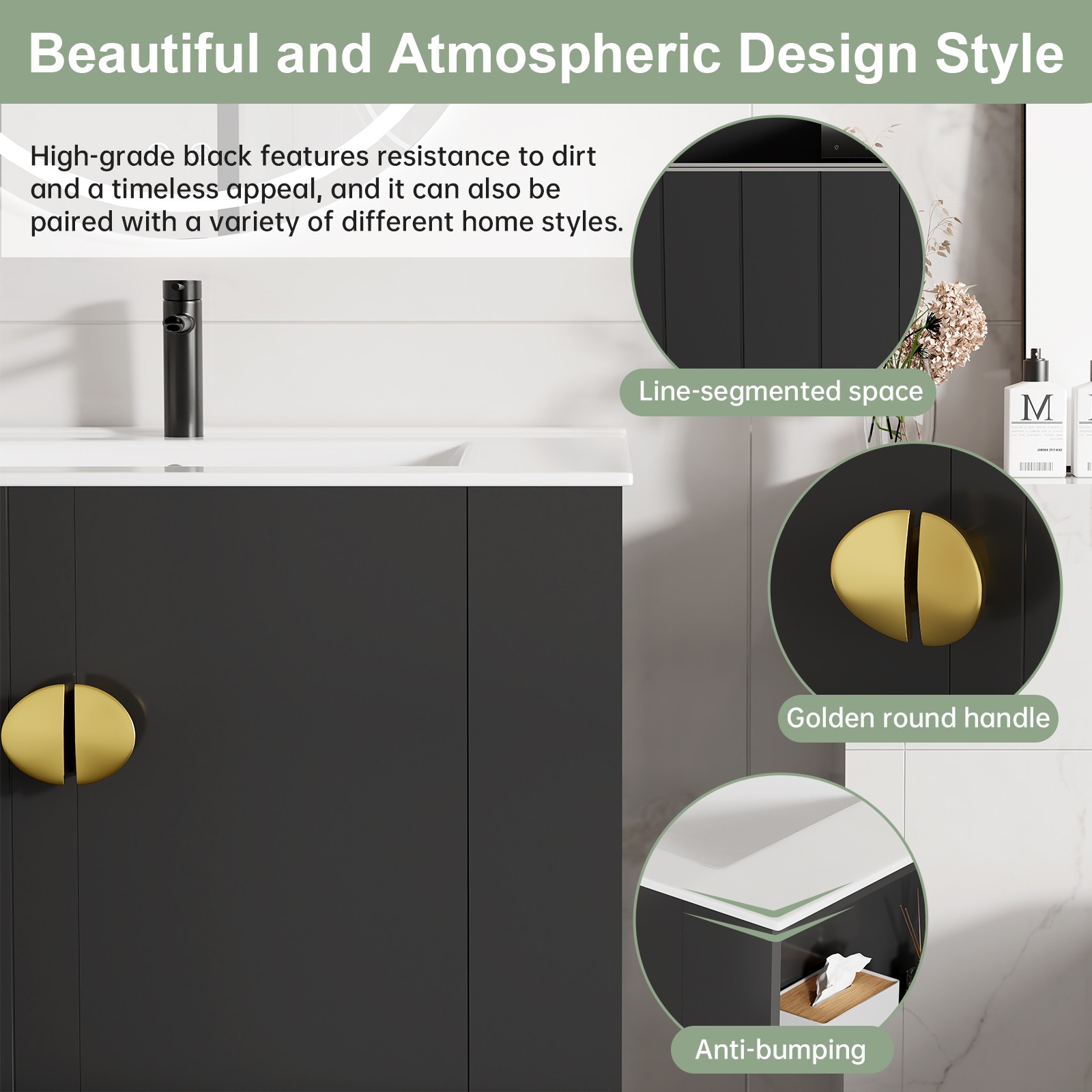 30″ Blcak Wall Mounted Bathroom Vanity Cabinet with Ceramic Sink & 2 Doors