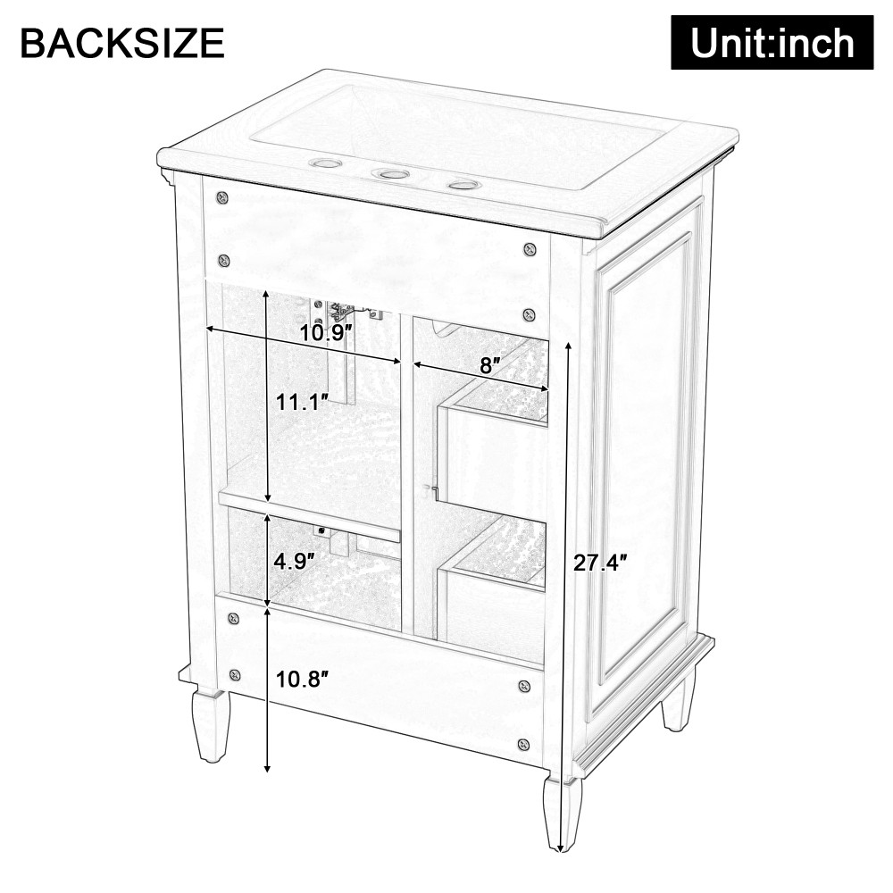 24 Inch White Bathroom Vanity with Ceramic Sink Solid Wood MDF Cabinet