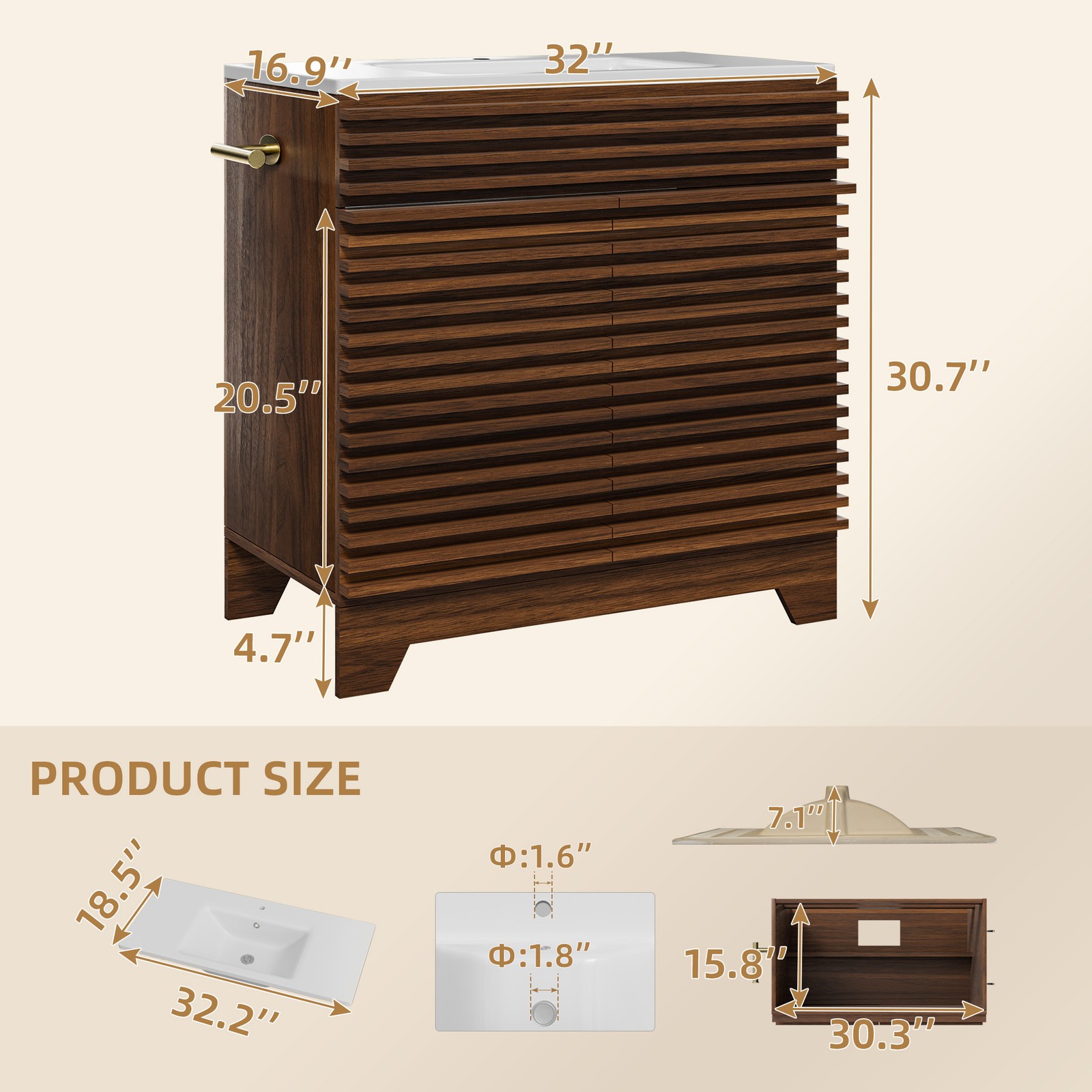 32 Inch Walnut Fluted Bathroom Vanity with Ceramic Sink, 2-Door Cabinet Modern