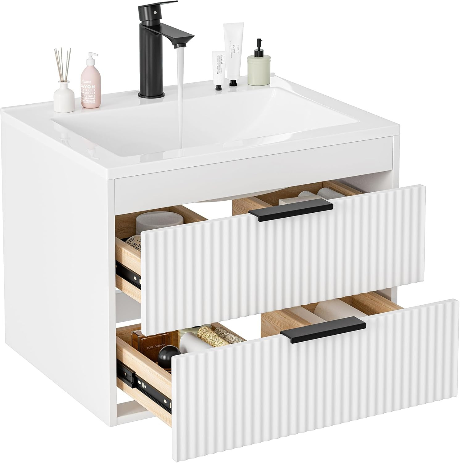 24″ Modern Wall-Mounted Bathroom Vanity with Sink & Double Drawers, White