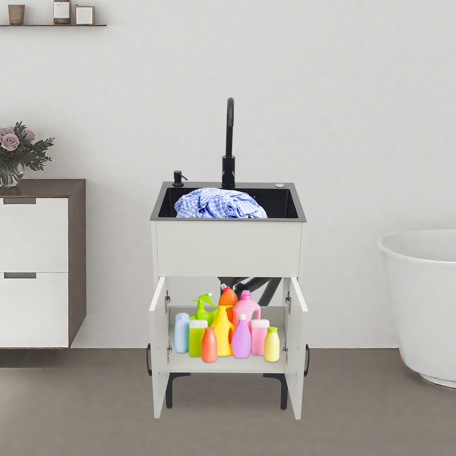 20″ Laundry Sink Cabinet w/ Faucet, Freestanding Utility Sink Cabinet w/ Storage