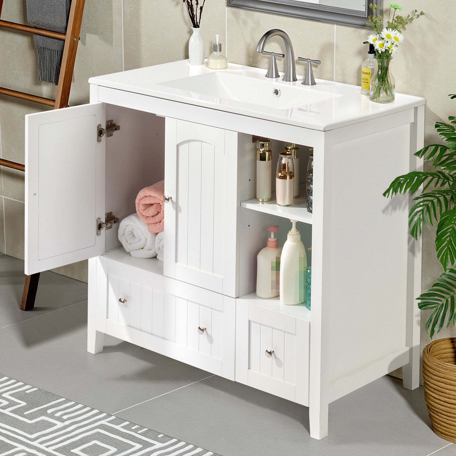 36″ Bathroom Vanity Without Sink, Wooden Storage Cabinet w/ 2 Doors & 2 Drawers