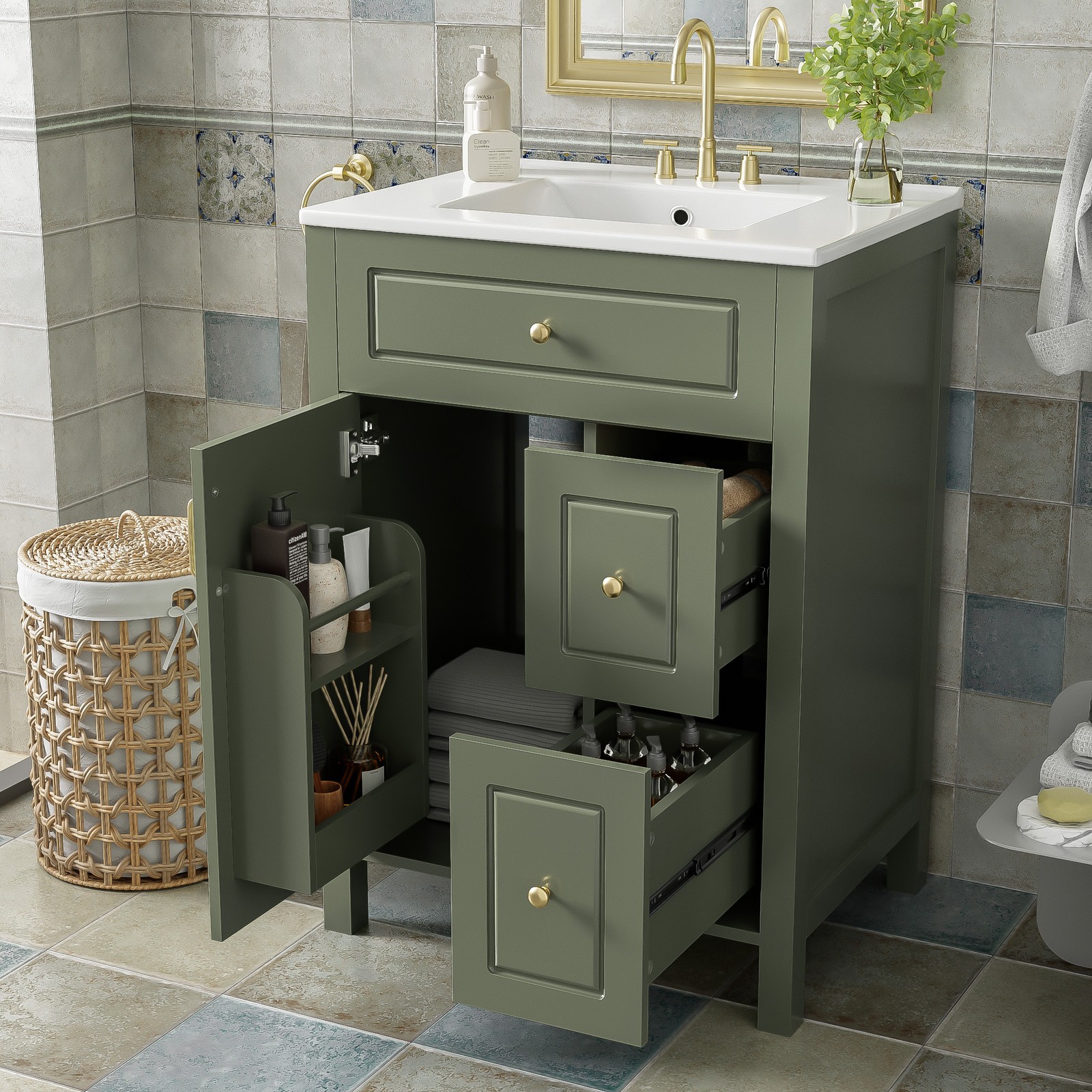 24-Inch Bathroom Vanity with Sink Modern Bathroom Cabinet with 2 Drawers 1 Door