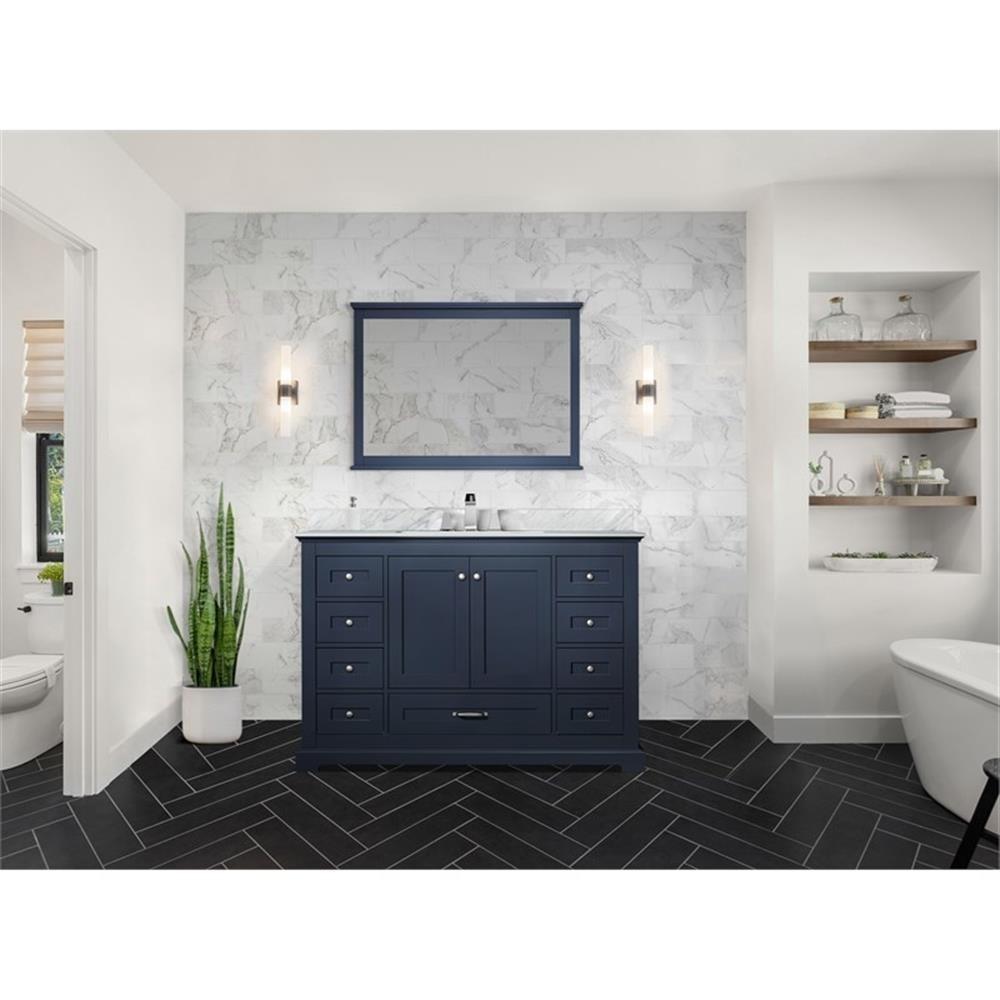 Lexora Home Dukes 48″ Carrara Marble Top Single Vanity with Sink in Navy Blue