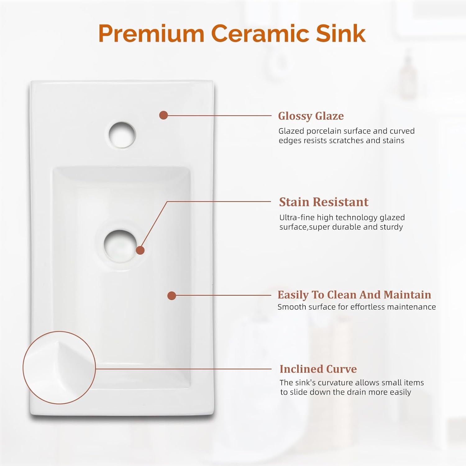 Anti-Osmosis Ceramic Sink Vanity Top 18 Inch – Single Faucet Hole 18″L x 9.8″W