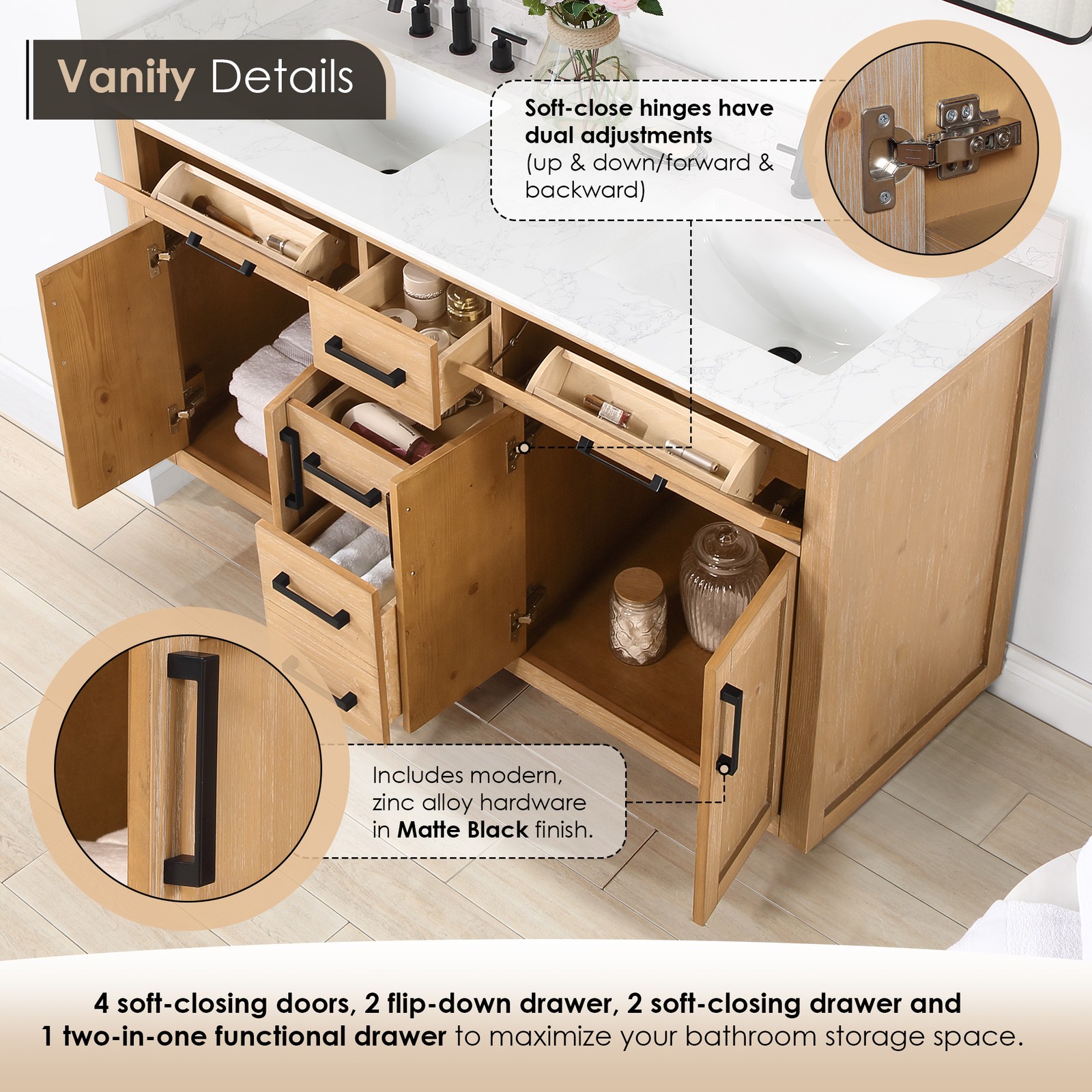 Gavino 60″ Wood Vanity in Light Brown with Composite Stone Top no Mirror