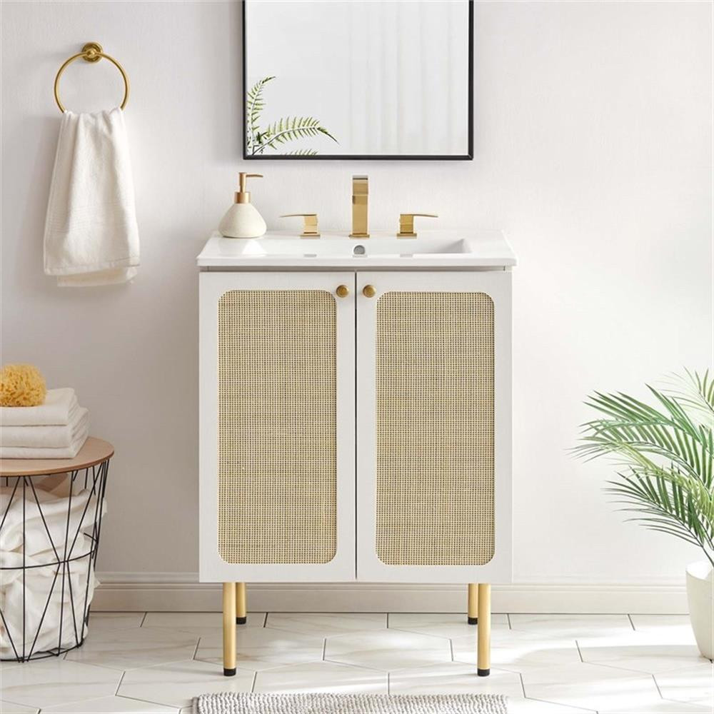 Modway Chaucer 24″ Wood & Rattan Bathroom Vanity with Adjustable Shelf in White