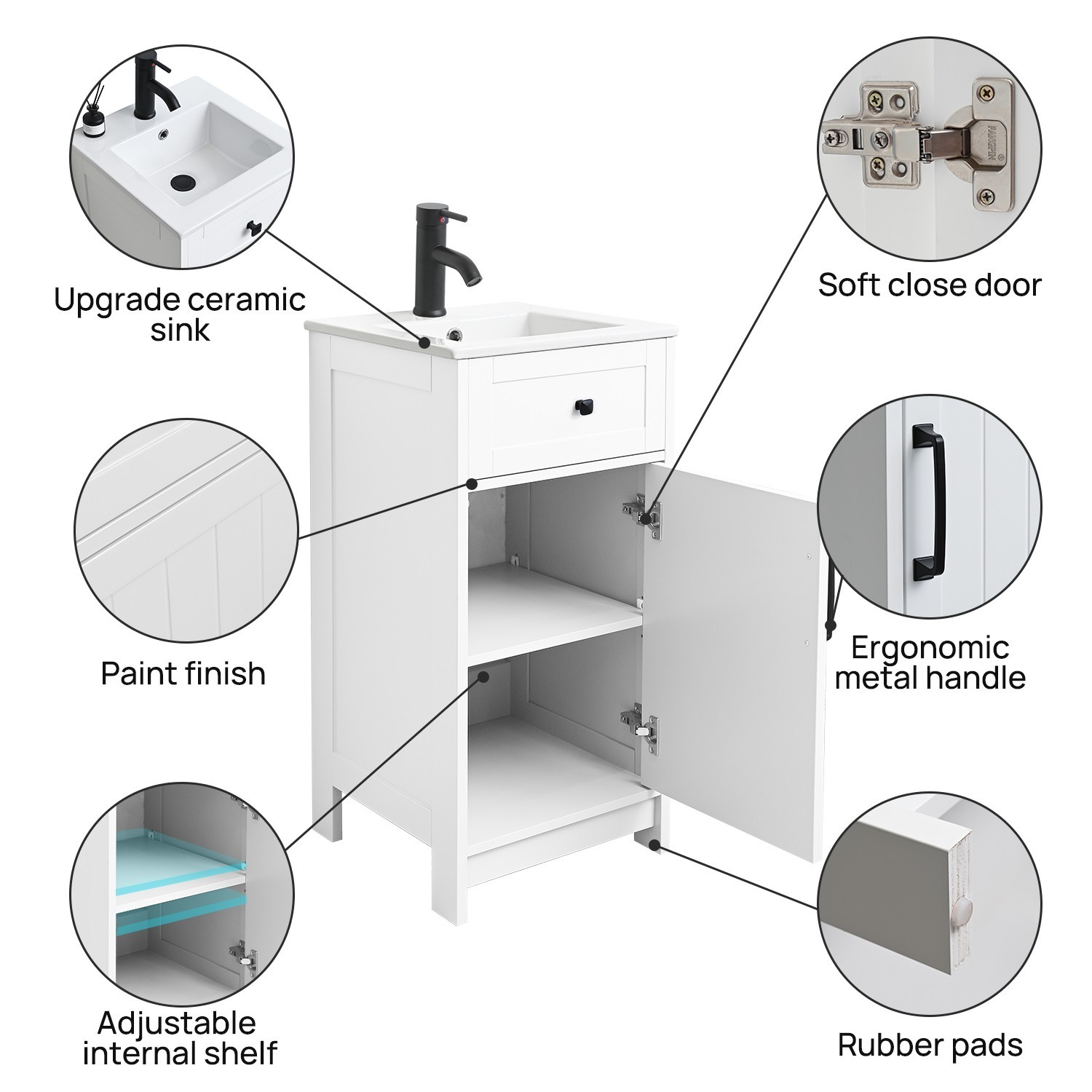 16″ Bathroom Vanity with Sink Small Cabinet Ceramic Sink Set Faucet &Drain Combo