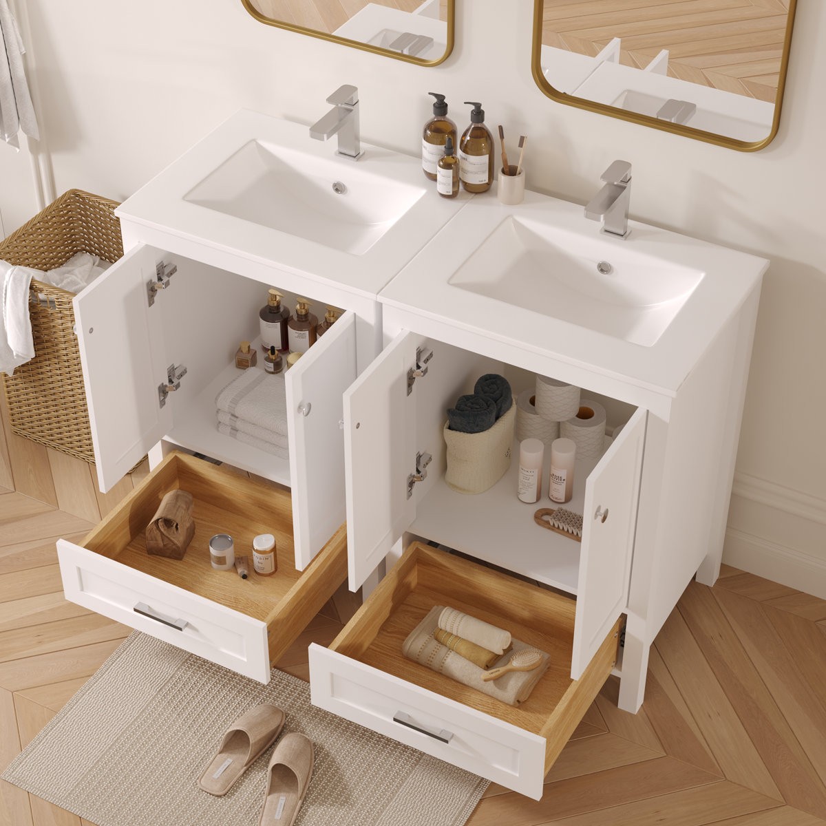 24″ Single Bathroom Vanity with Sink Ceramic Top Modern White Cabinet Drawers