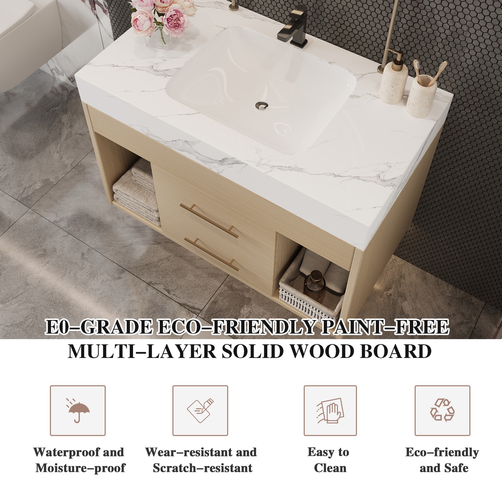 29.9″ Floating Bathroom Vanity with Sintered Stone Top & Ceramic Sink