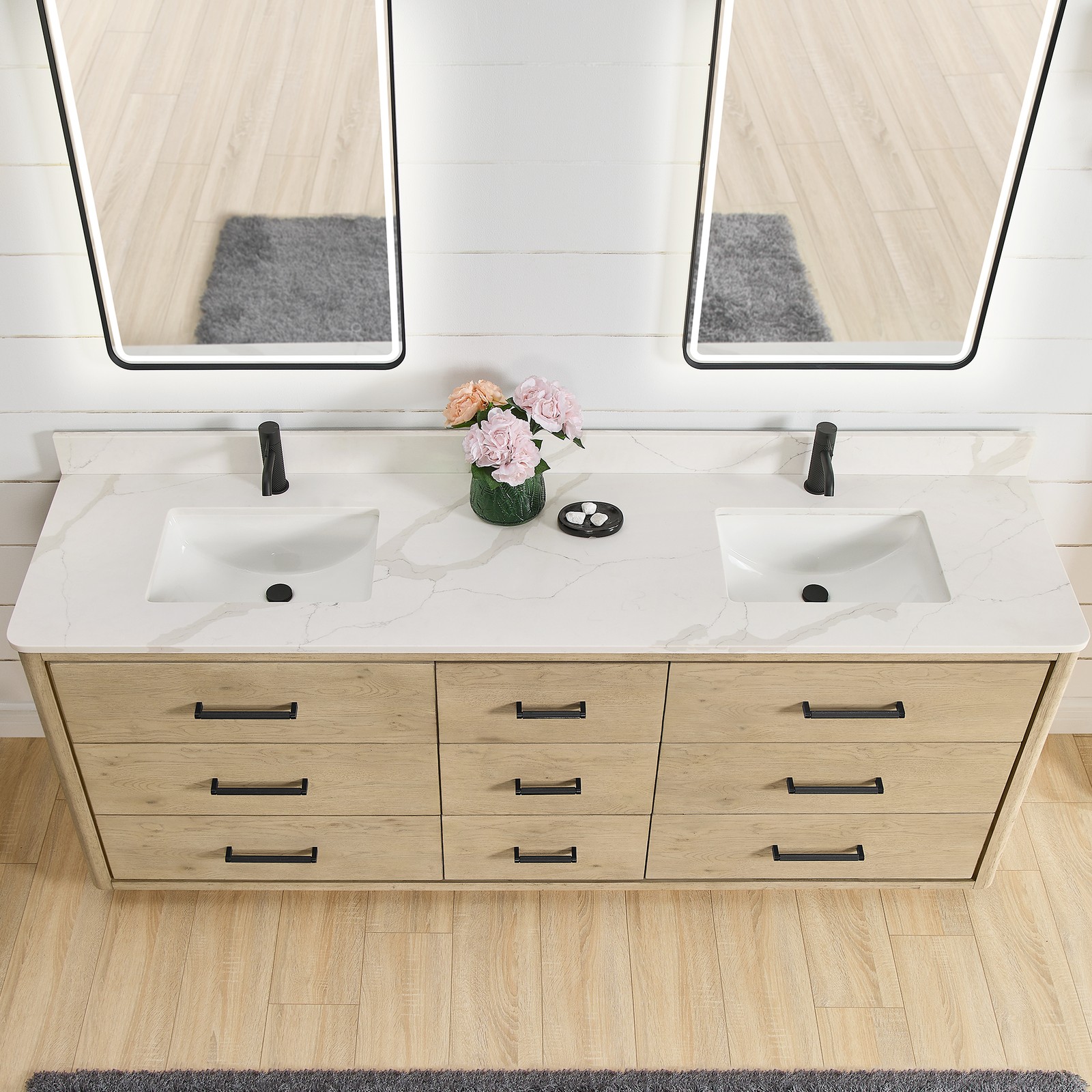 Porto 84″ Aged Natural Oak Double Bath Vanity with Fish Maw White Quartz Stone