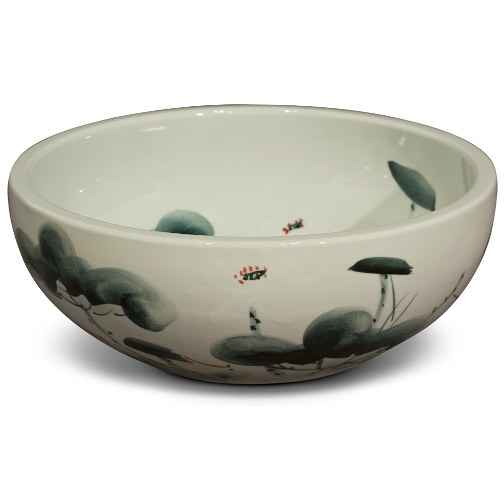 US Seller – Porcelain Lotus Koi Pond Motif Oriental Basin