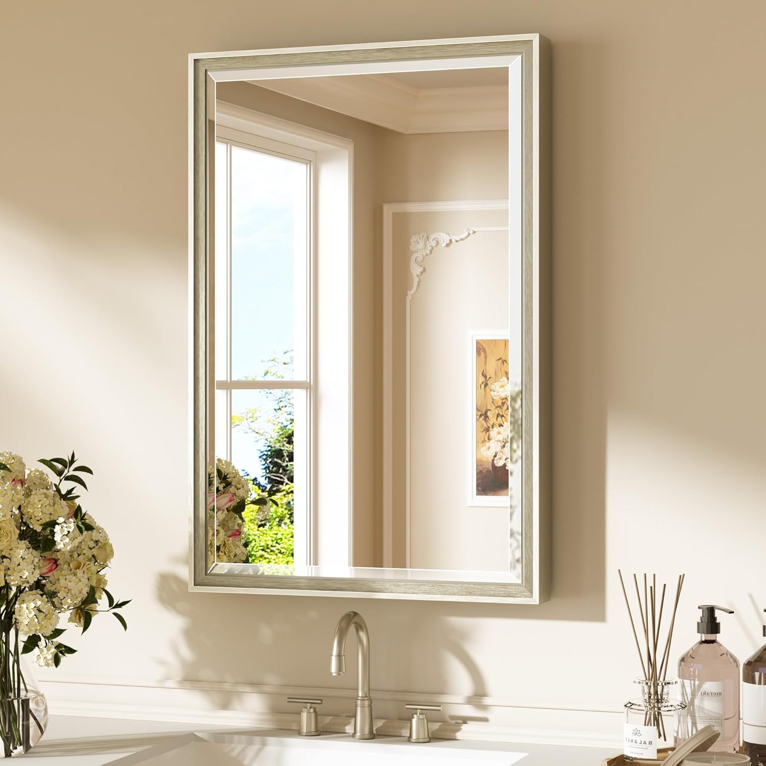 Modern 20″ x 30″ Brushed Nickel Bathroom Mirror with Beveled Edge Frame
