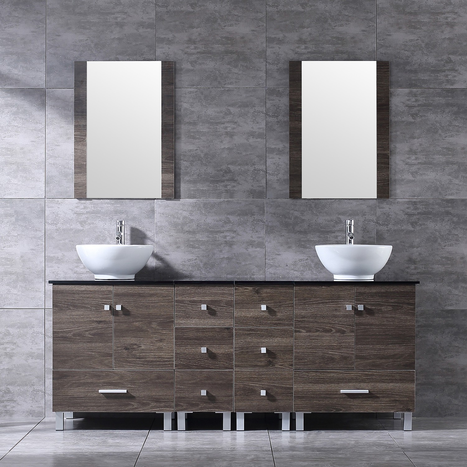 72 inch Double Sink Bathroom Vanity Cabinet Ceramic Vessel Sink w/Mirror Faucet