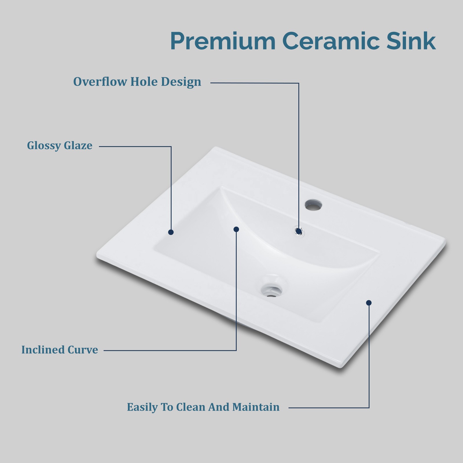 24″ White Ceramic Vanity Top, Single Hole Rectangular Sink Basin w/ Faucet Hole