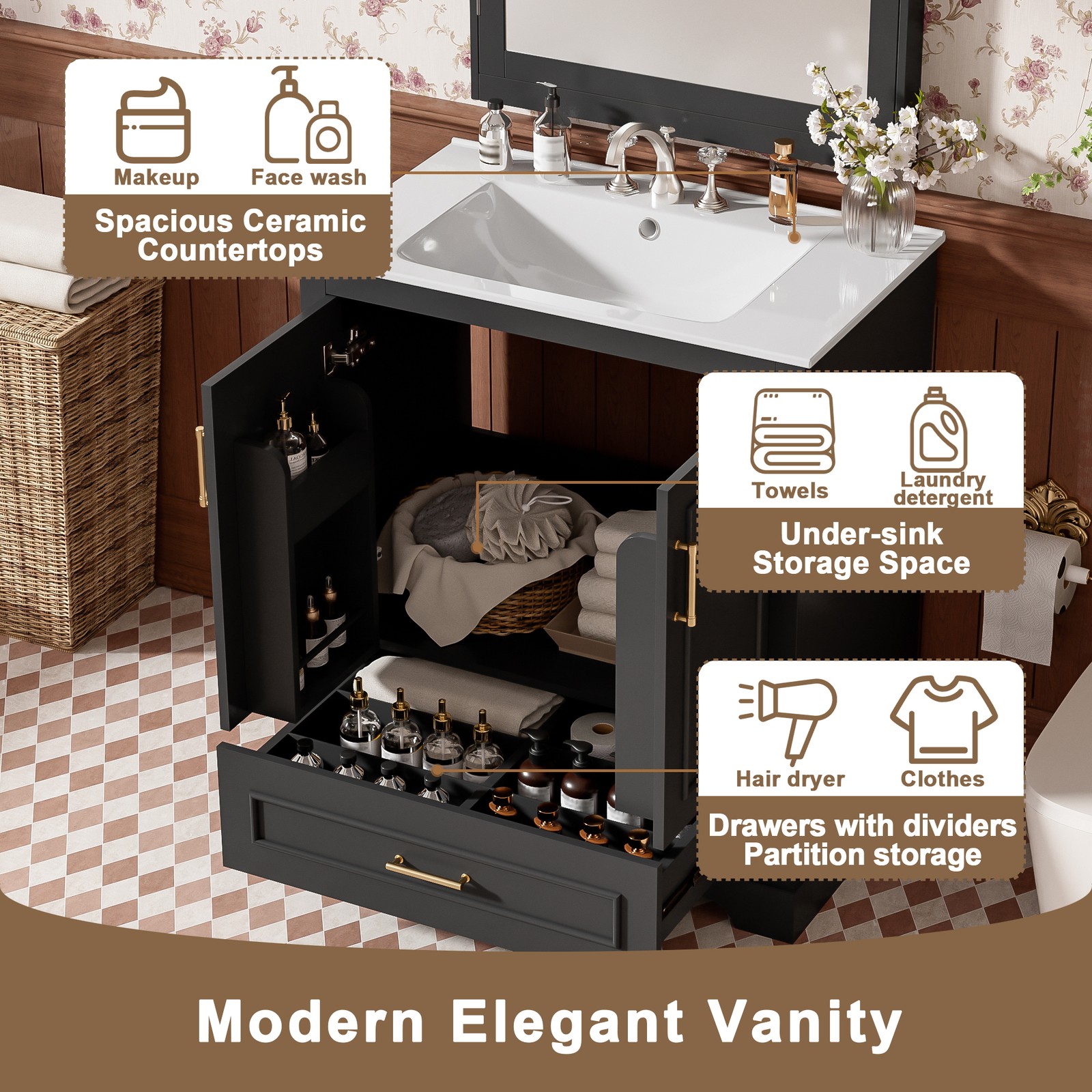 30″ Bathroom Vanity w/ Sink, Black, Soft-Close Doors & Drawer, Solid Wood+MDF