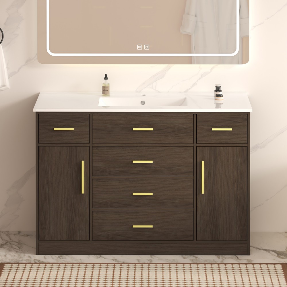 48″ Bathroom Vanity w/Sink,Freestanding Vanity Storage Cabinet,5 Drawers,2 Doors