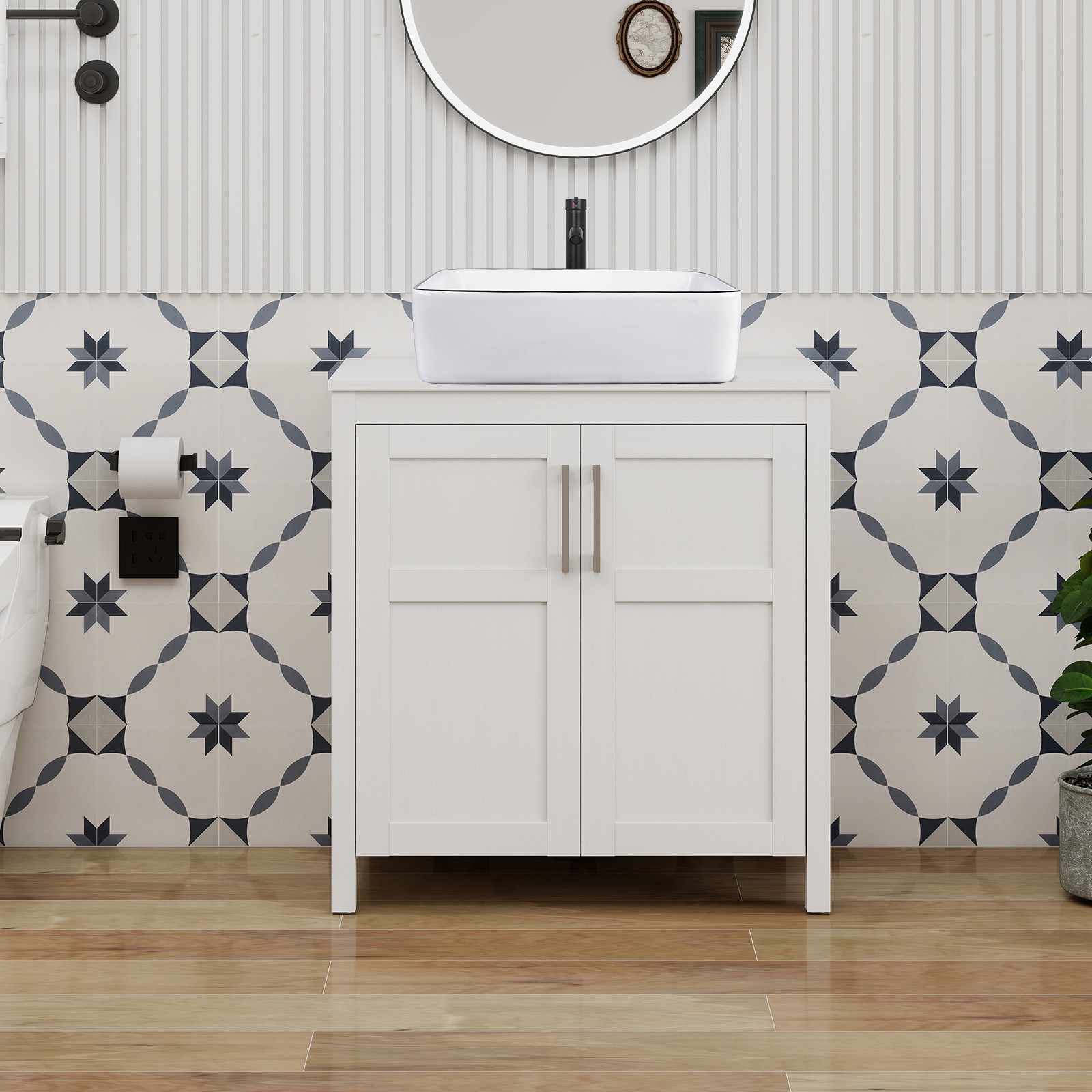 30″ Modern Freestanding Vanity Set w/ Vessel Sink, Pop-Up Drain & Storage