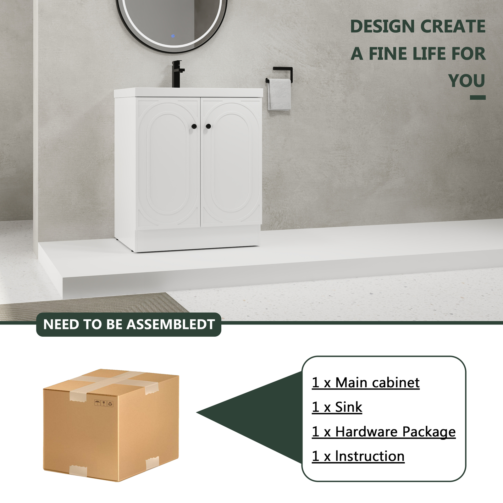 30″ Modern Freestanding Bathroom Vanity Cabinet With Undermount Resin Sink Basin