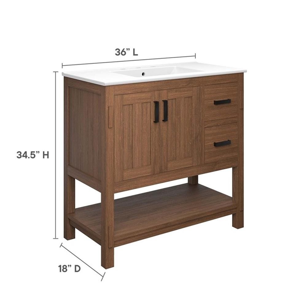 Pemberly Row 36″ Wood Bathroom Vanity with Open Shelf in Walnut and White