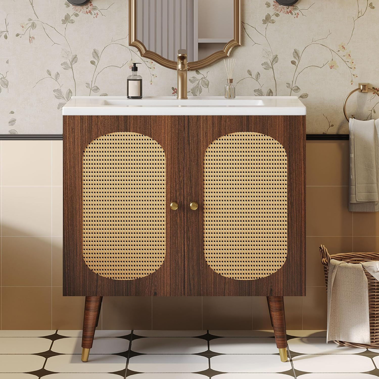 36″ Walnut Rattan Bathroom Vanity with Sink & Soft-Closing Doors, Boho Style