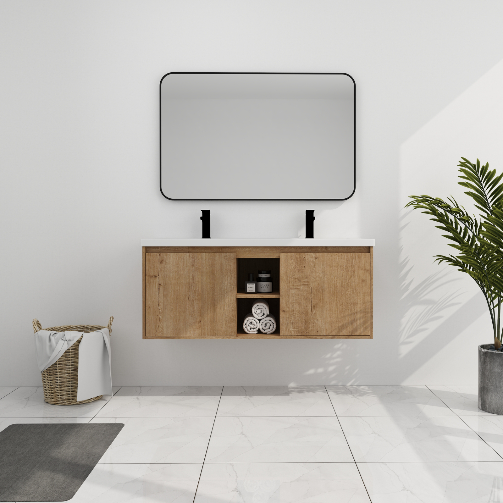 48″ Plywood Wall Mounted Bathroom Vanity With Double Sink Basin 2 Doors Storage