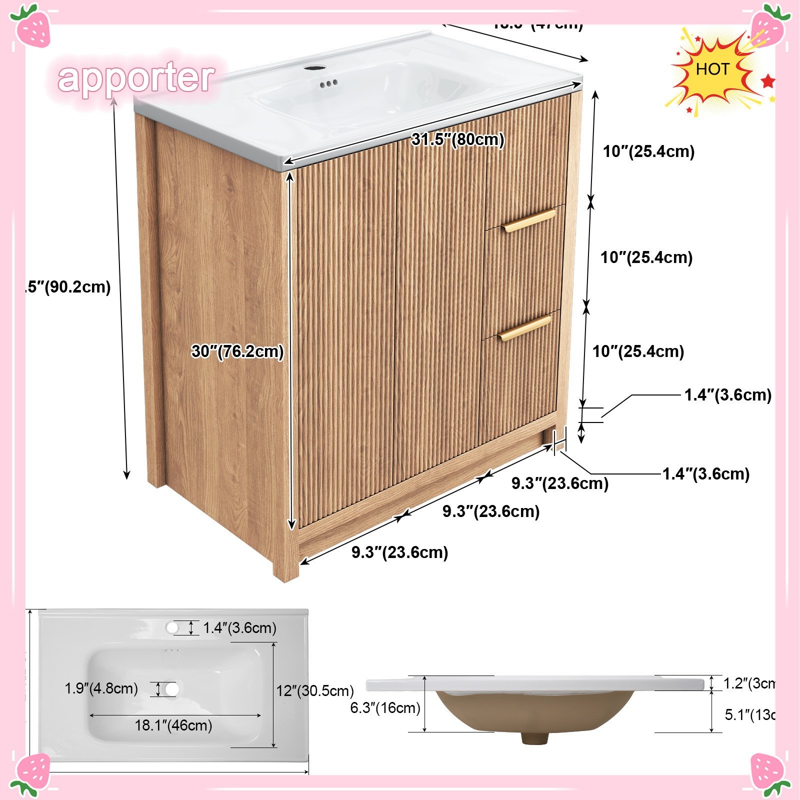 31.5″ Wooden Bathroom Vanity Cabinet with Ceramic Sink Single-Bowl + Drawers USA