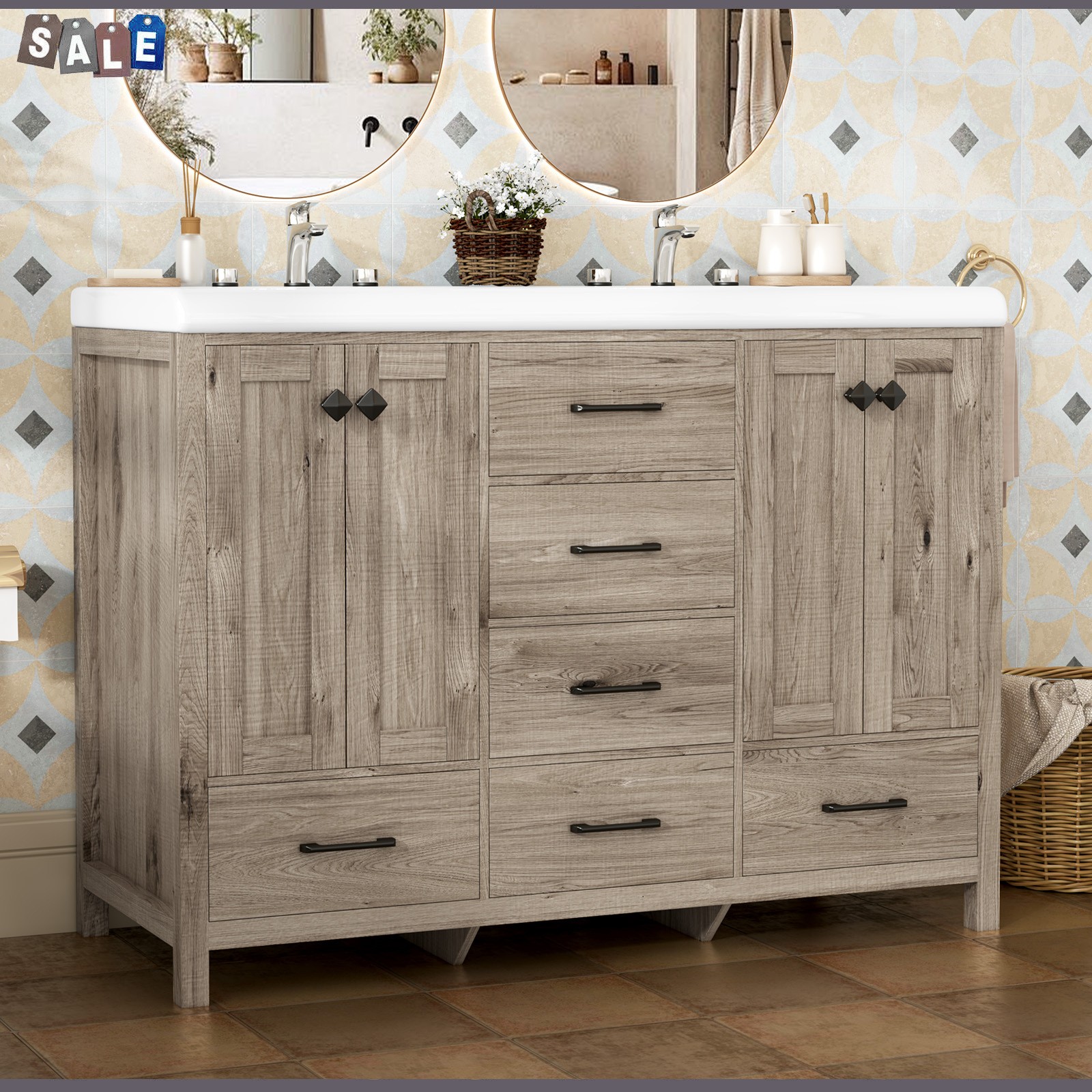 47 Inch Bathroom Vanity Double Ceramic Sinks Combo Storage Doors With Drawers