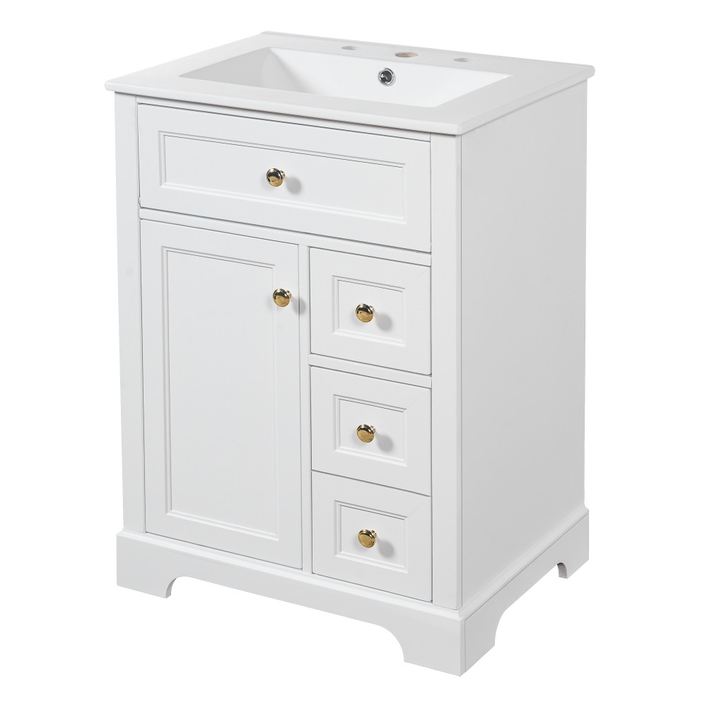 24 in White Bathroom Vanity with Sink MDF & Pinewood Construction 3 Drawers