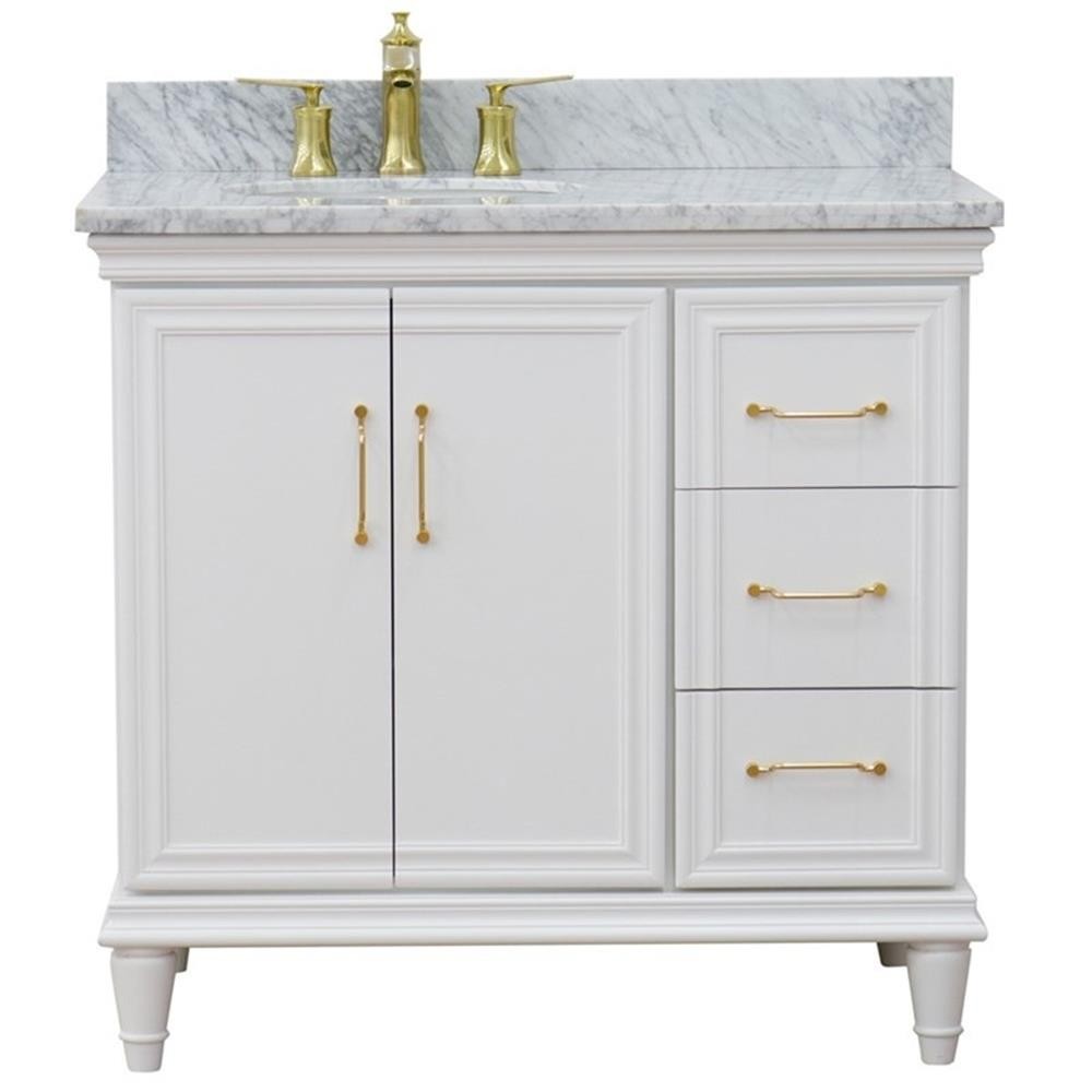 37 in. Single Wooden Vanity White White Carrara Oval Left Door.Left Sink