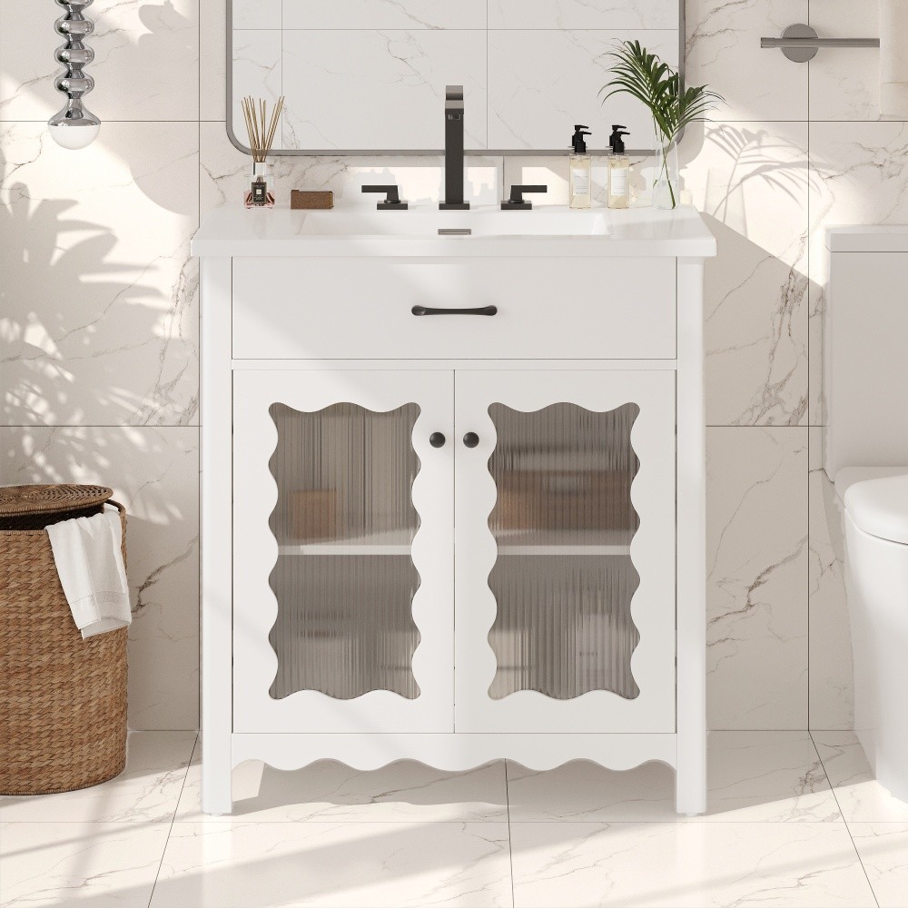Bathroom Vanity with Ceramic Sink and Handles, Featuring Two Soft-Close Doors