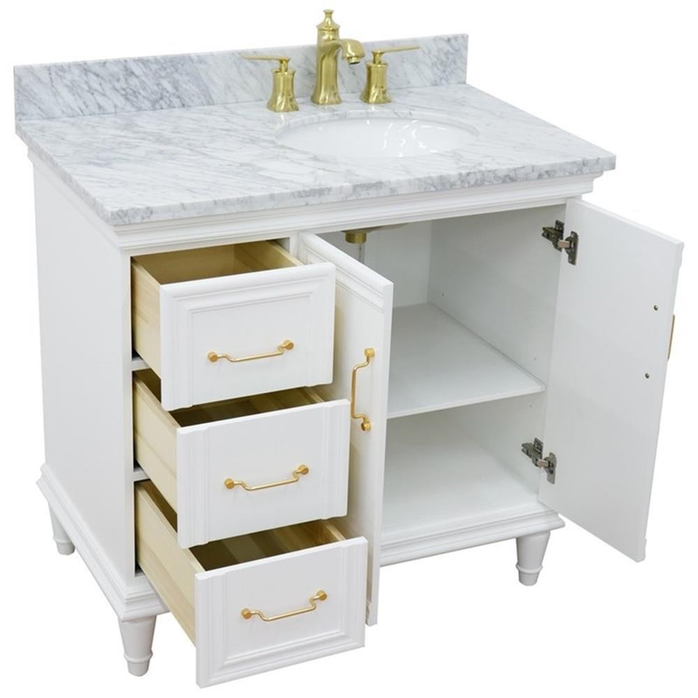 37 in. Single Wooden Vanity White White Carrara Oval Right Door.Right Sink