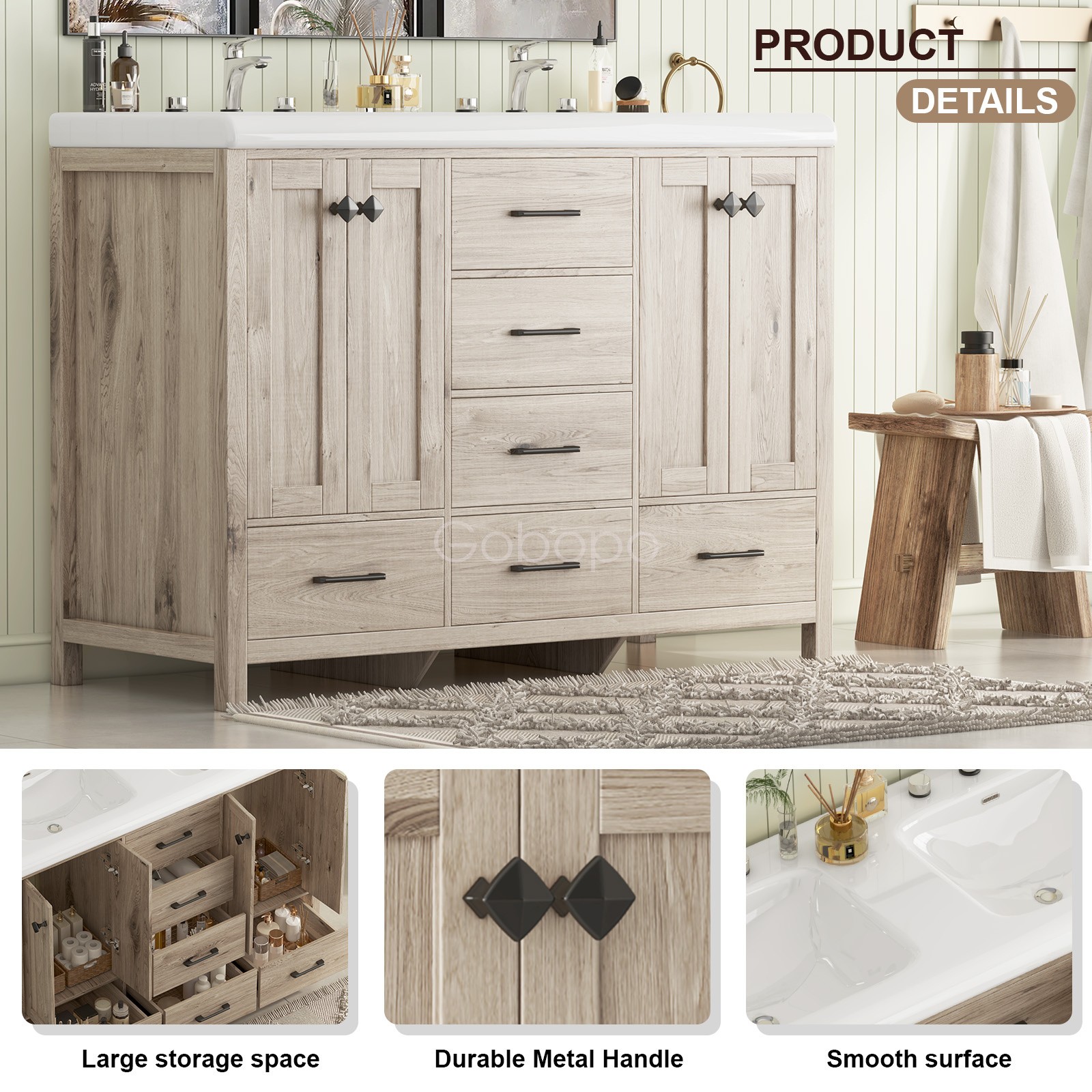 47 inch Bathroom Vanity Top w/ Double Sink Ceramic With Drawers Freestanding