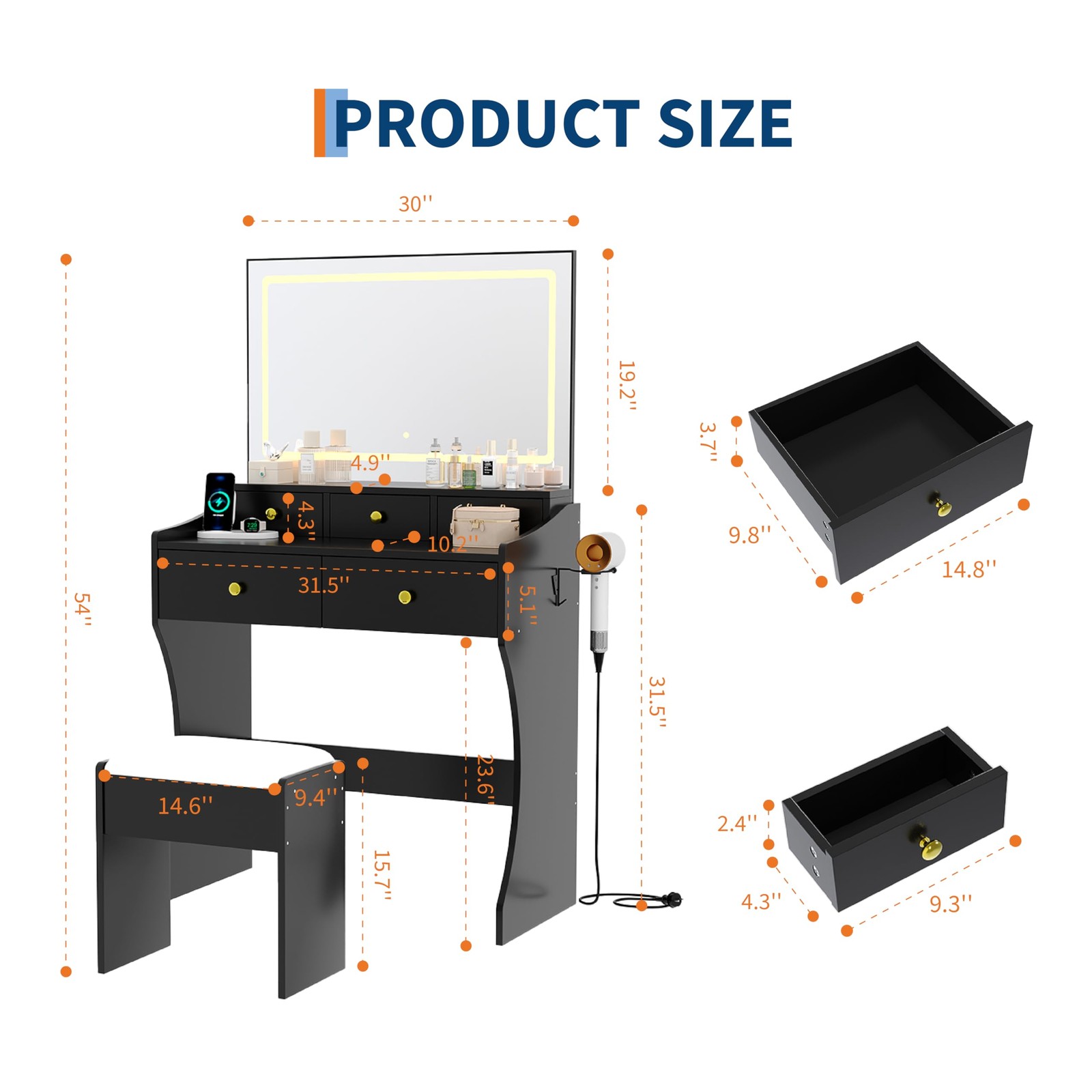31.5-Inch Vanity Set Stool LED Mirror Hairdryer Holder Power Outlet
