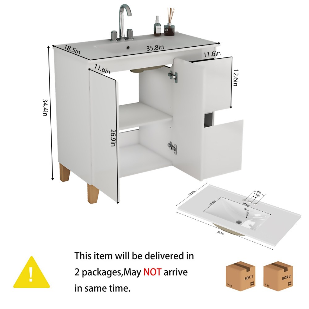 Bathroom cabinet with sink, double doors, and two drawers