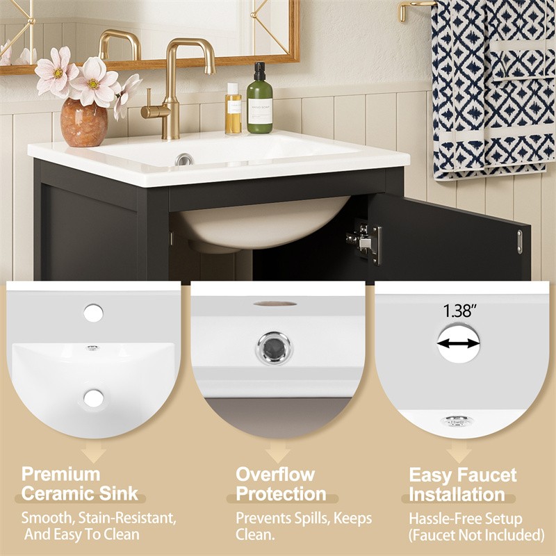 18″ Modern Bathroom Vanity with Ceramic Sink,Soft-Close Drawers & Door Organizer