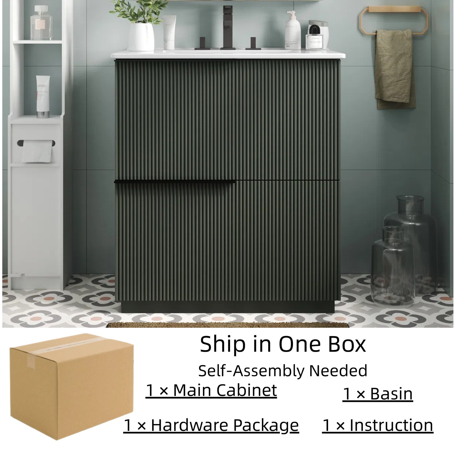 30″ Green Fluted Bathroom Vanity with Ceramic Sink & Soft Close