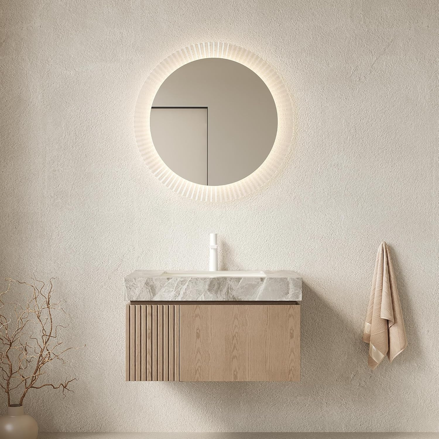 30″ Modern Floating Bathroom Vanity with Sink & Storage – Light Brown & Grey
