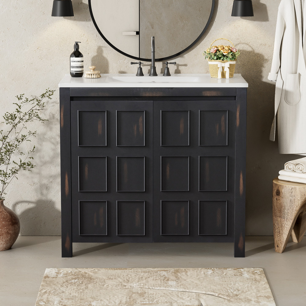 36″ Vintage Bathroom Vanity w/Ceramic Sink,Solid Wood Frame,Soft Close Doors