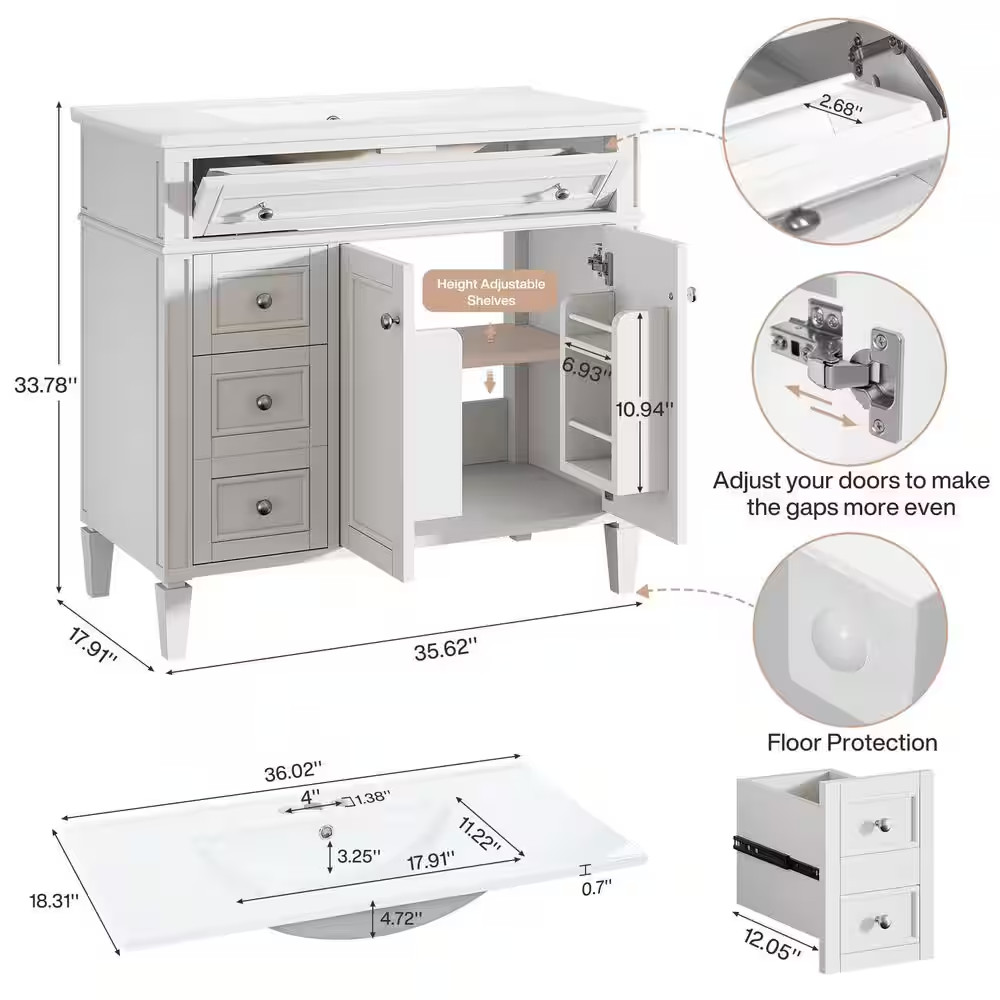 36 In. Single Sink Freestanding White Bath Vanity with White Ceramic Top Unassem