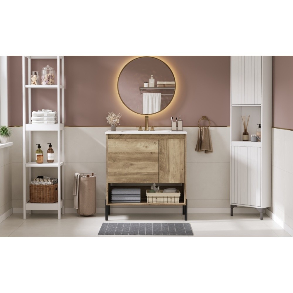 Wooden Bathroom Cabinet Sliding Drawers Ceramic Basin Countertop Open Shelving