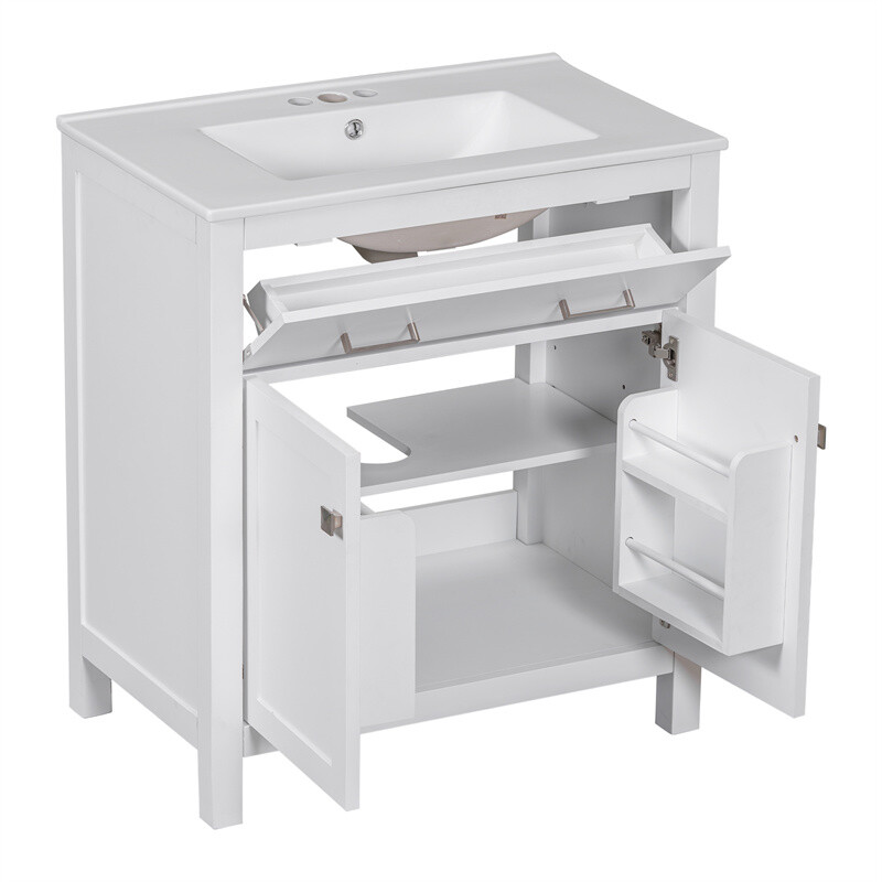 30-inch White Bathroom Vanity w/Ceramic Sink,Soft Close Doors & Flip-out Drawer