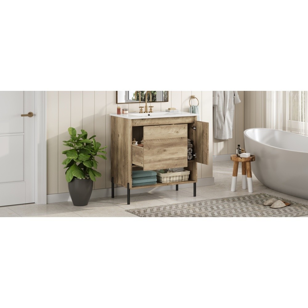 Wooden Bathroom Cabinet Sliding Drawers Ceramic Basin Countertop Open Shelving