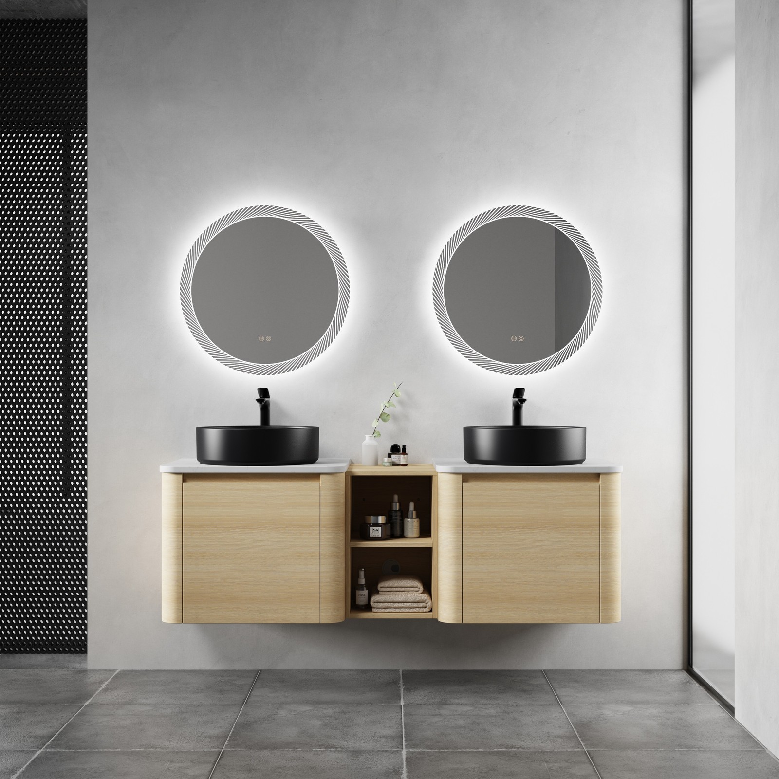 60 in Floating Bathroom Vanity Cabinet 2x Black Ceramic Sink Basin +Open Shelves