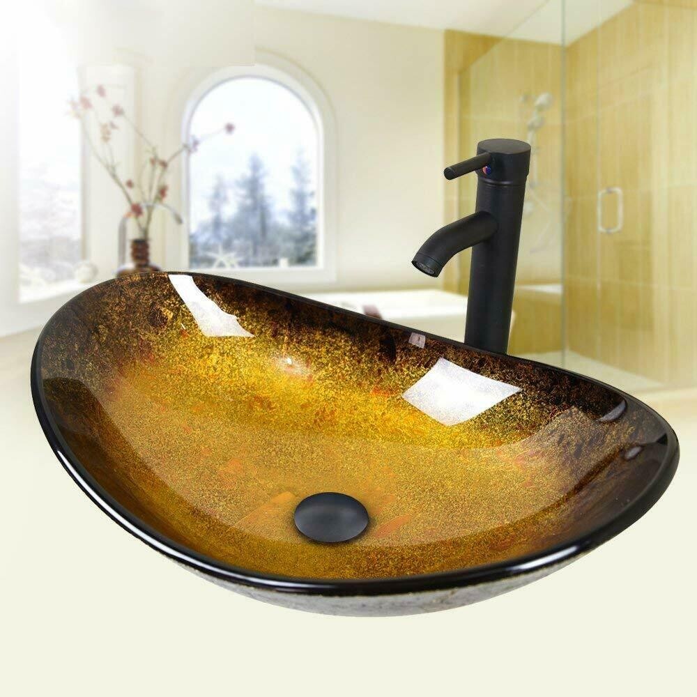 28″ Floating Bathroom Vanity Set Tempered Glass Vessel Sink Wall Mounted Cabinet