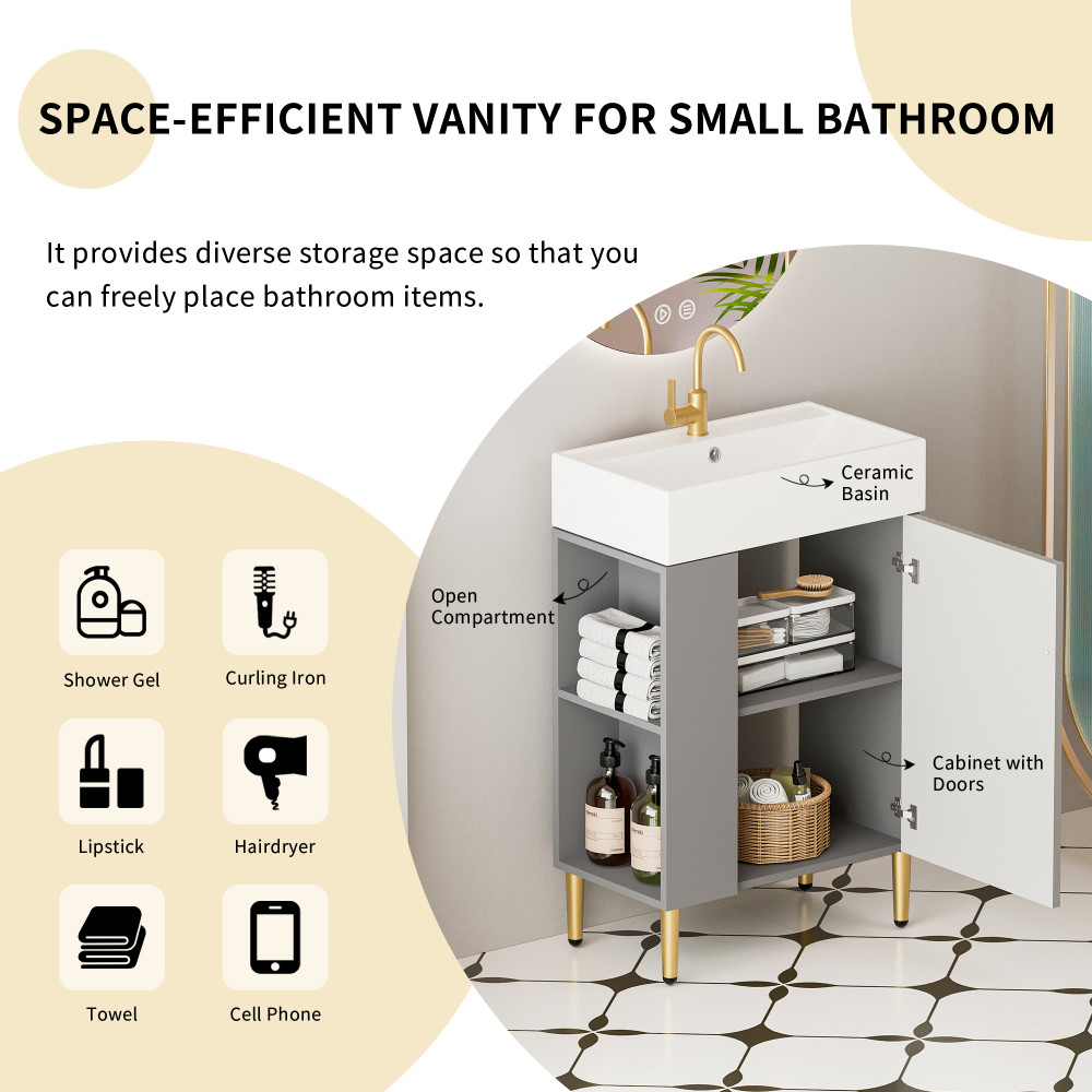 21.6″ Bathroom Vanity w/Ceramic Sink, Soft Close Doors, Open Shelves, Matte Gray
