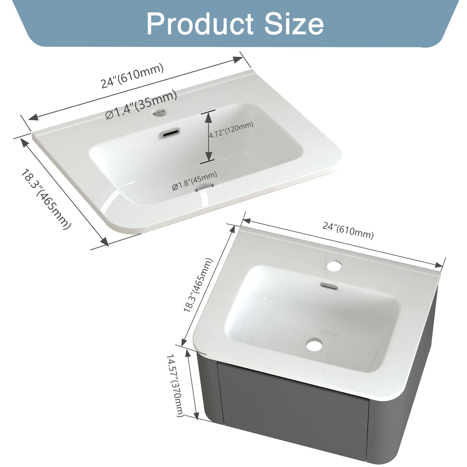 24″ Grey Floating Bathroom Vanity with White Ceramic Integrated Basin